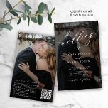 Budget Foto Overlay QR CODE Einladung Hochzeit<br><div class="desc">Elegantes trendiges Foto in einer HAUSHALTSZEITeinladung mit "Hochzeit" von weißem Text und schwarzem Overlay mit einem schicken Kalligraphieskript. Personalisieren Sie es mit Ihren 2 Fotos und Ihrem Scan QR CODE (automatisch generiert mit Ihrem URL-Link) auf die Website für UAWG online und weitere Details. Diese zeitlose Hochzeitsveranstaltung eignet sich für moderne...</div>