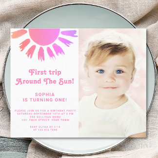 Budget Foto Pink Sun Erster Geburtstag Einladung