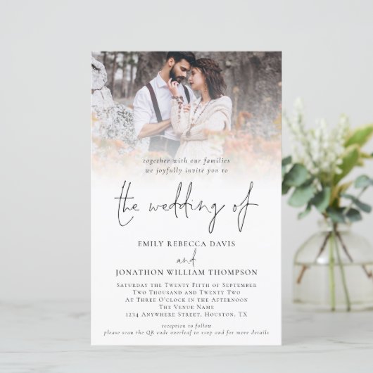 Budget Foto QR Skriptformelle Hochzeitseinladung (Stehend Vorderseite)