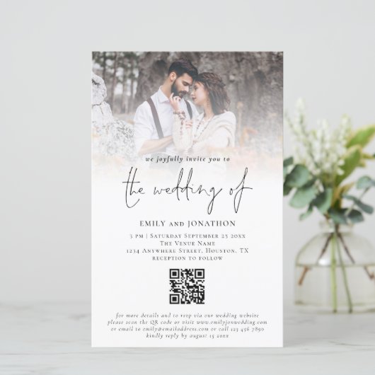 Budget Foto Script QR Code Einladung Hochzeitsfeie (Stehend Vorderseite)
