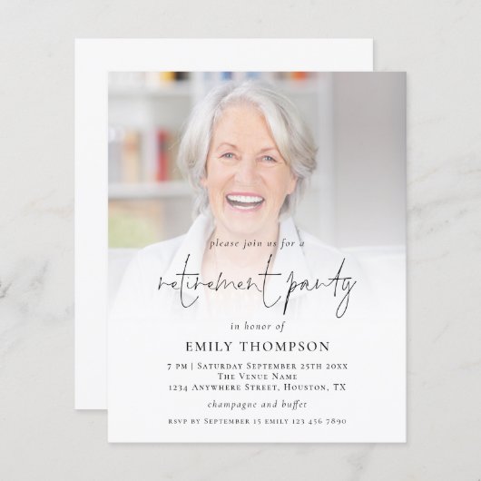 Budget Foto Script Retirement Party Einladung (Vorne/Hinten)
