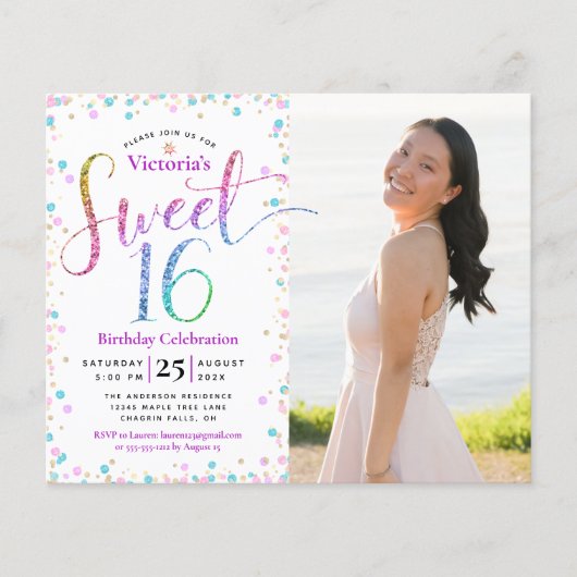 Budget Foto Sweet 16 Rainbow Glitzer Dots Einladun (Vorderseite)
