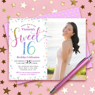 Budget Foto Sweet 16 Rainbow Glitzer Dots Einladun
