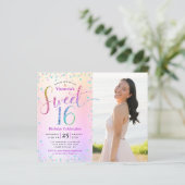 Budget Foto Sweet 16 Rainbow Glitzer Einladung (Stehend Vorderseite)