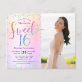 Budget Foto Sweet 16 Rainbow Glitzer Einladung (Vorderseite)