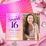 Budget Foto Sweet 16 Rosa Orangen Gradient Einladu<br><div class="desc">"Alles Gute zum 16. Geburtstag". Senden Sie diese coole boho Retro, Budget personalisierte Foto Party Einladung für eine Veranstaltung zu erinnern. Auf der links Seite, lustig, trendig, kühn dunkelrosa und lila Typografie mit moderner Sans Serif Typografie überlagert einen Hintergrund von Pop hellorangen und rosa Ober-Farbradien mit weißen Punkten. Ein Foto...</div>