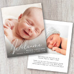 Budget Foto White Script Ankündigung<br><div class="desc">Eine preisgünstige Option,  um die Geburt Ihres Babys anzukündigen,  mit seinem Foto mit "Welcome",  das oben in einem stilvollen weißen Schriftsatz steht. Darunter können Sie seinen Namen,  das Geburtsdatum und die Geburtsdaten hinzufügen. Fügen Sie auf der Rückseite ein weiteres Foto und eine personalisierte Meldung hinzu.</div>