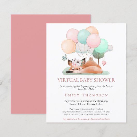 Budget Fox Asleep Pink Virtual Baby Dusche laden e (Vorne/Hinten)