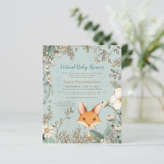 Budget Fox Boy Virtual Baby Dusche Einladung (Stehend Vorderseite)