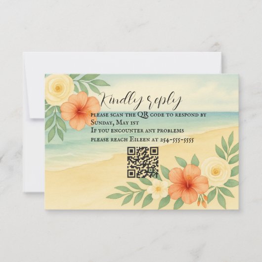 Budget Friendly Floral Beach QR Code RSVP Card Karte (Vorderseite)