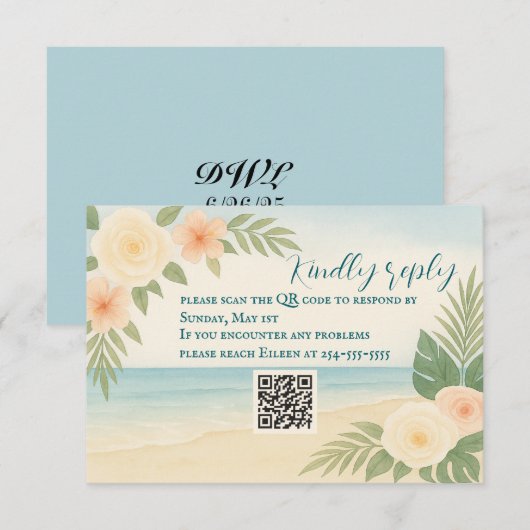 Budget Friendly Floral Beach QR Code RSVP Card Karte (Vorne/Hinten)