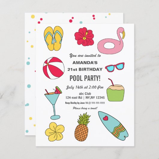 Budget Fun Summer Pool Party Birthday Invitation (Vorne/Hinten)