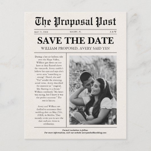 Budget Fun Wedding Newspaper Save the Date Flyer (Vorne)
