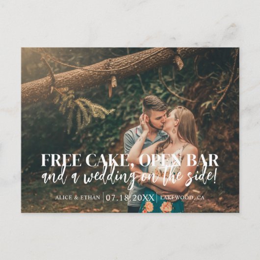 Budget Funny Free Cake Open Bar Save the Date Ankündigungspostkarte (Vorderseite)