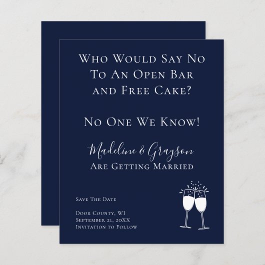BUDGET Funny Open Bar Free Cake Save the Date (Vorne/Hinten)