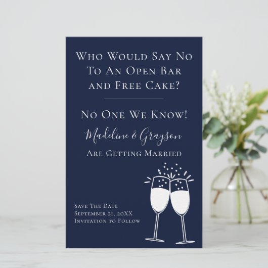 BUDGET Funny Open Bar Free Cake Save the Date (Stehend Vorderseite)