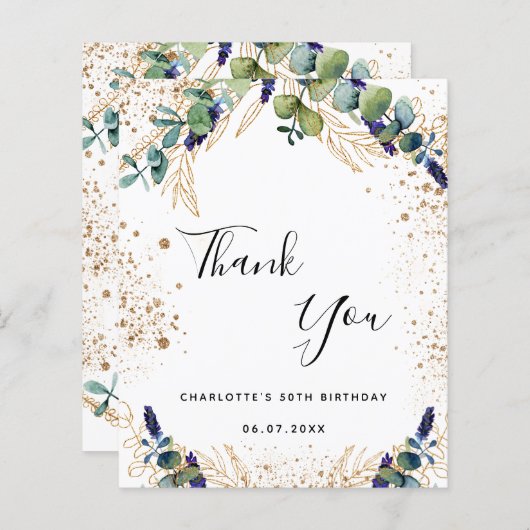 Budget Geburtstag 50 Eukalyptus Danke Karte (Vorne/Hinten)