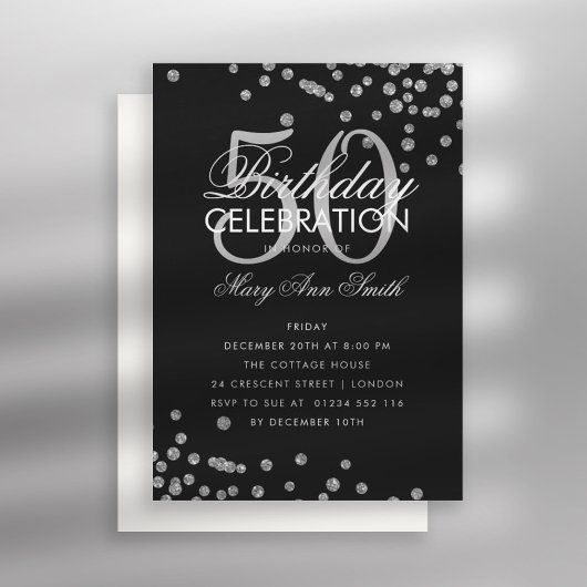 Budget Geburtstag Confetti Silver Black Einladung