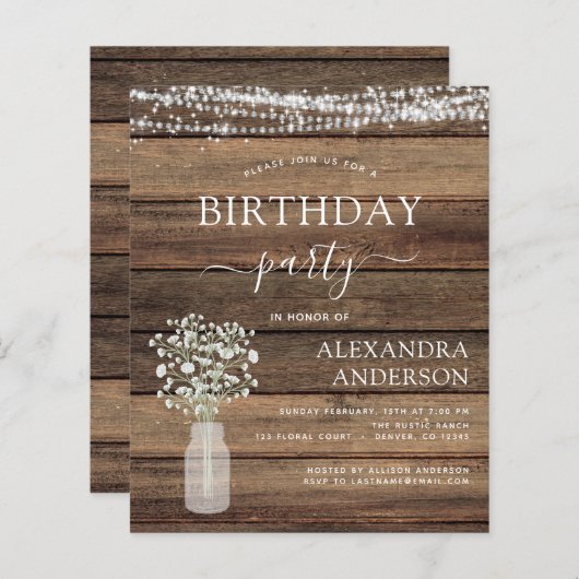 Budget Geburtstag Gipskraut Rustikale Einladung (Vorne/Hinten)