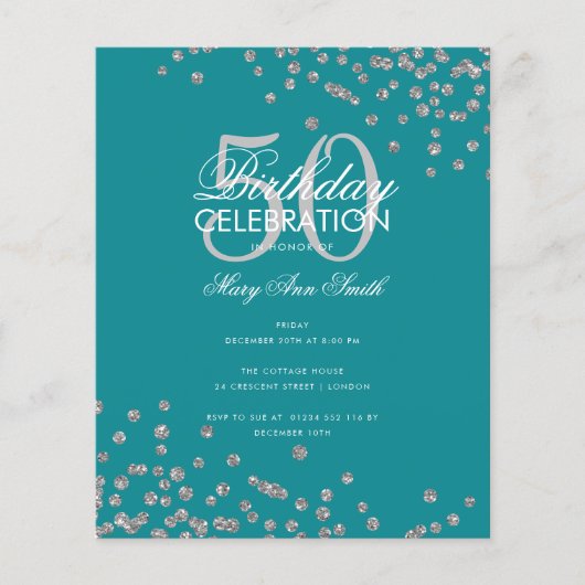 Budget Geburtstag Glitzer Confetti Silver Aquamari (Vorderseite)