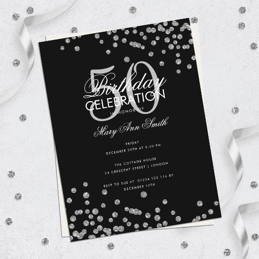 Budget Geburtstag Glitzer Confetti Silver Black Postkarte