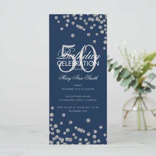 Budget Geburtstag Glitzer Confetti Silver & Navy (Stehend Vorderseite)