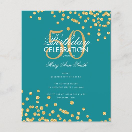 Budget Geburtstag Gold Glitzer Confetti Aquamarin Flyer (Vorne)