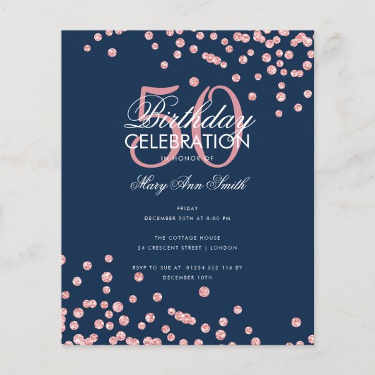 Budget Geburtstag Rose Gold Glitzer Navy Flyer (Vorne)