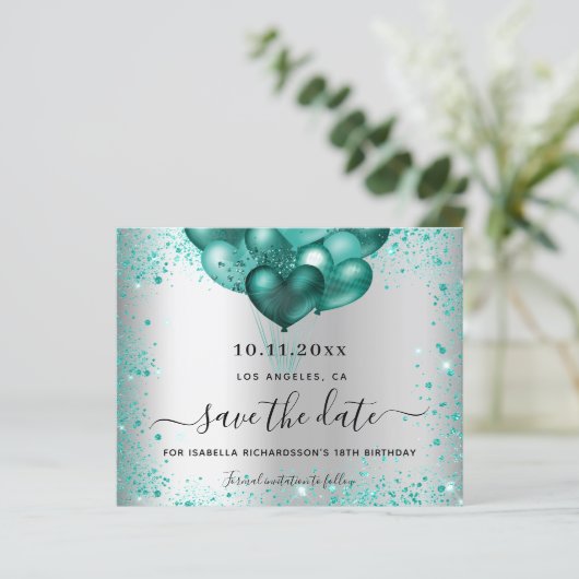 Budget Geburtstag Silber aquamariner Glitzer Save (Stehend Vorderseite)