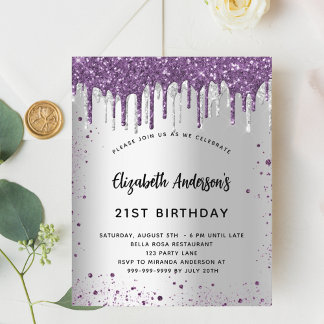 Budget Geburtstag Silber lila Glitzer Einladung