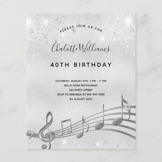 Budget Geburtstag Silberner Musiknoten Glitzer (Vorderseite)