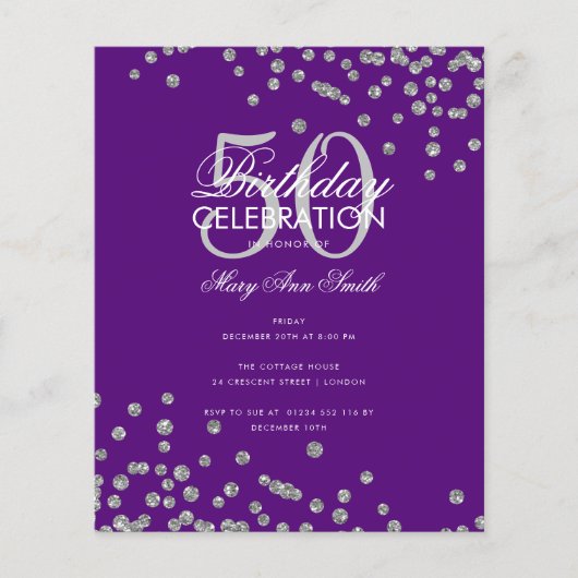 Budget Geburtstag Silver Glitzer Confetti Lila Flyer (Vorne)