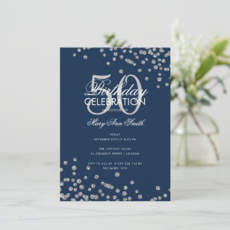 Budget Geburtstag Silver Glitzer Confetti Navy Einladung