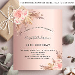 Budget Geburtstagsparty Boho Pampas Gras Rose Gold<br><div class="desc">Für eine moderne boho Stil 40. (oder jedes Alter) Geburtstagsfeier. Ein stilvoller weißer Hintergrund. Die Einrichtung ist mit Rose-Gold und rosa Blumen,  Rose und Pampas-Gras dekoriert. Personalisieren und fügen Sie einen Namen und Party-Details hinzu.</div>