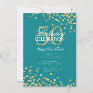 Budget Geburtstagsparty Gold Glitzer Confetti Aqua Einladung