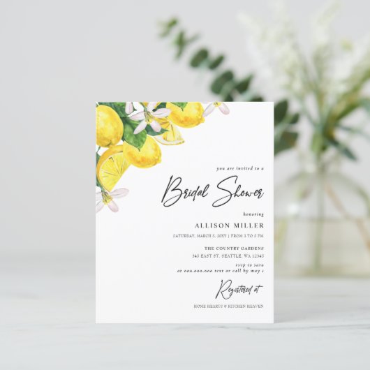Budget Gelbe Lemon Bridal Dusche Einladung (Stehend Vorderseite)