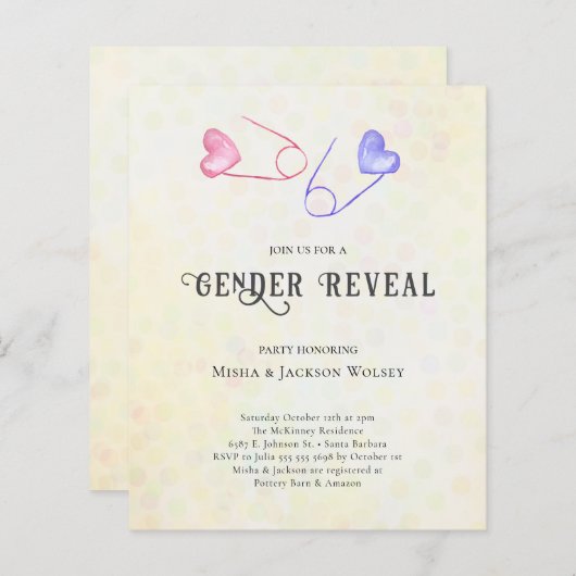 Budget Gender Reveal Baby Shower Einladung (Vorne/Hinten)