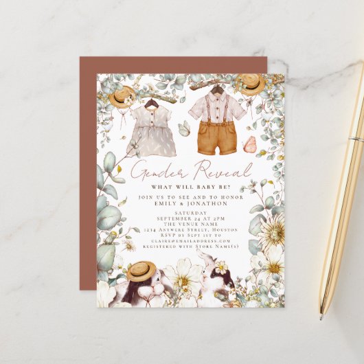 Budget Gender Reveal Bunny Baby Shower Einladung (Vorderseite/Rückseite Beispiel)