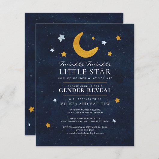 Budget Gender Reveal Twinkle Little Star Einladung (Vorne/Hinten)