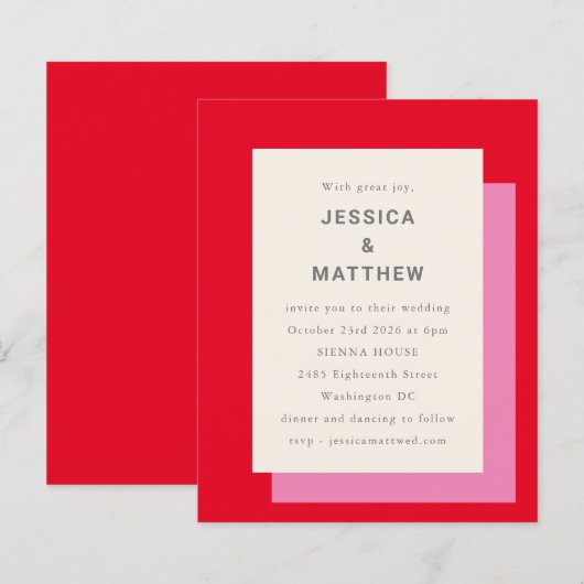 Budget Geometric Bold Rosa Red Wedding Einladung (Vorne/Hinten)