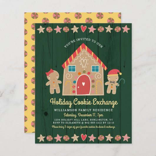 Budget Gingerbrot Cookie Exchange Grüne Einladung (Vorne/Hinten)