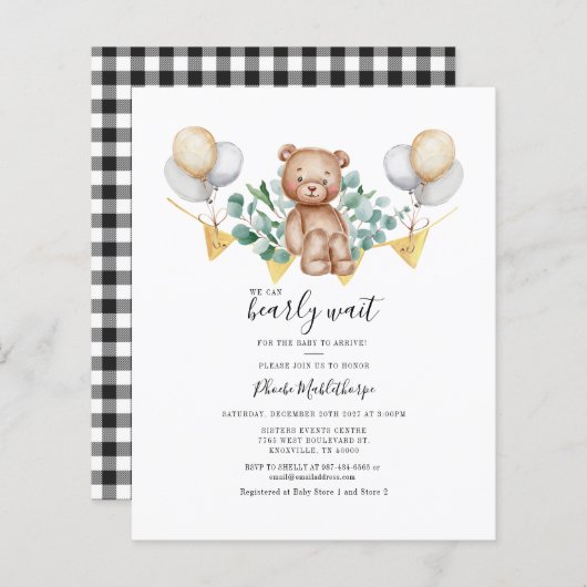 Budget Gingham Baby Shower Eucalyptus Einladung (Vorne/Hinten)