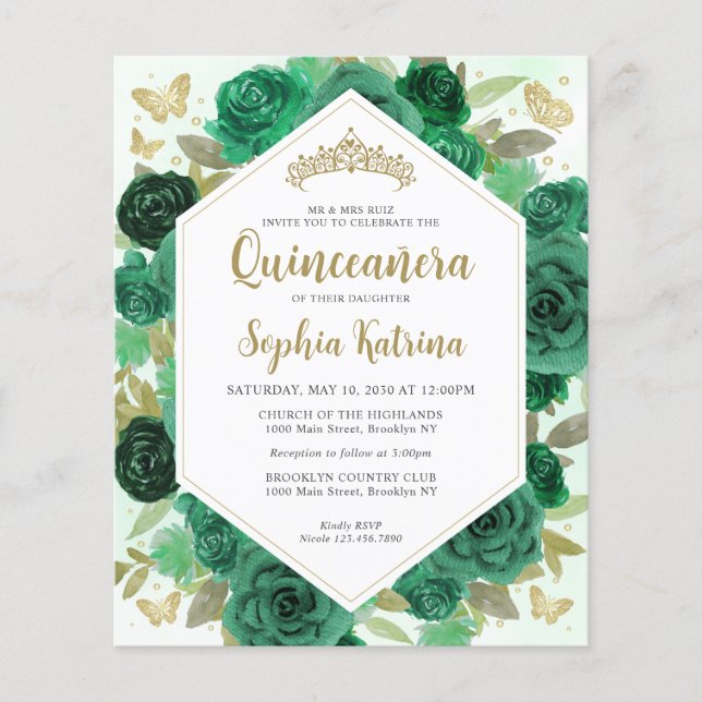 Budget Girald Green Floral Gold Quinceñera (Vorderseite)