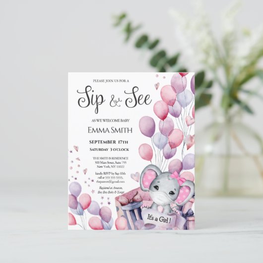 BUDGET Girl Baby Elephant Sip und sehen Sie Einlad (Stehend Vorderseite)