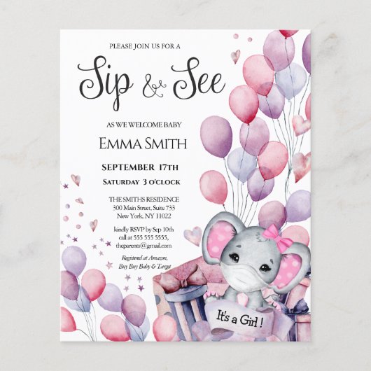 BUDGET Girl Baby Elephant Sip und sehen Sie Einlad (Vorderseite)