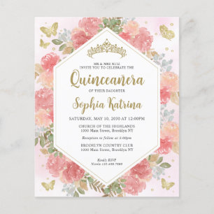 Budget Girl Blush Pink Floral Gold Quinceañera