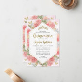 Budget Girl Blush Pink Floral Gold Quinceañera Mitteilungskarte (Vorderseite/Rückseite Beispiel)