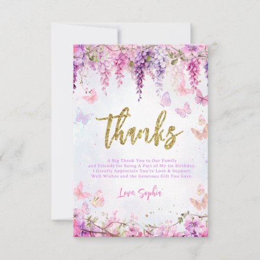 BUDGET Girl Wisteria Gold Butterfly Kindergeburtst Dankeskarte (Vorderseite)