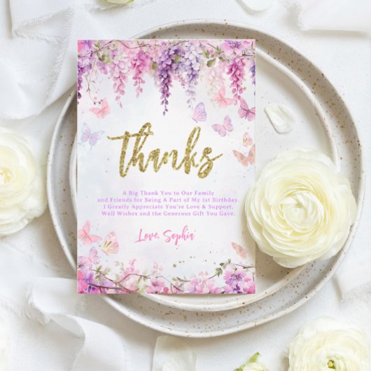 BUDGET Girl Wisteria Gold Butterfly Kindergeburtst Dankeskarte