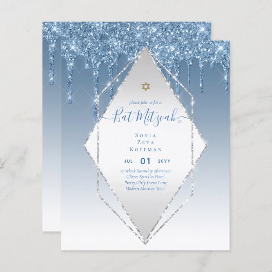 BUDGET Girly Glitzer Glitzern BAT MITVAH Einladung (Vorne/Hinten)